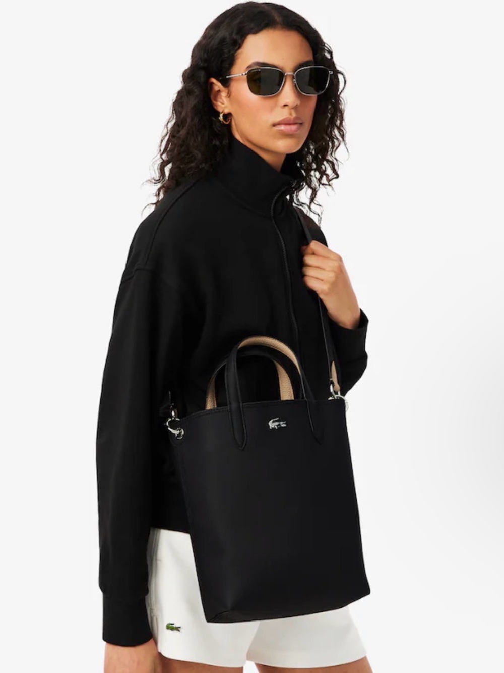 Lacoste Anna Reversible Vertical Tote Bag Coated Canvas Black Tan Noir Krema